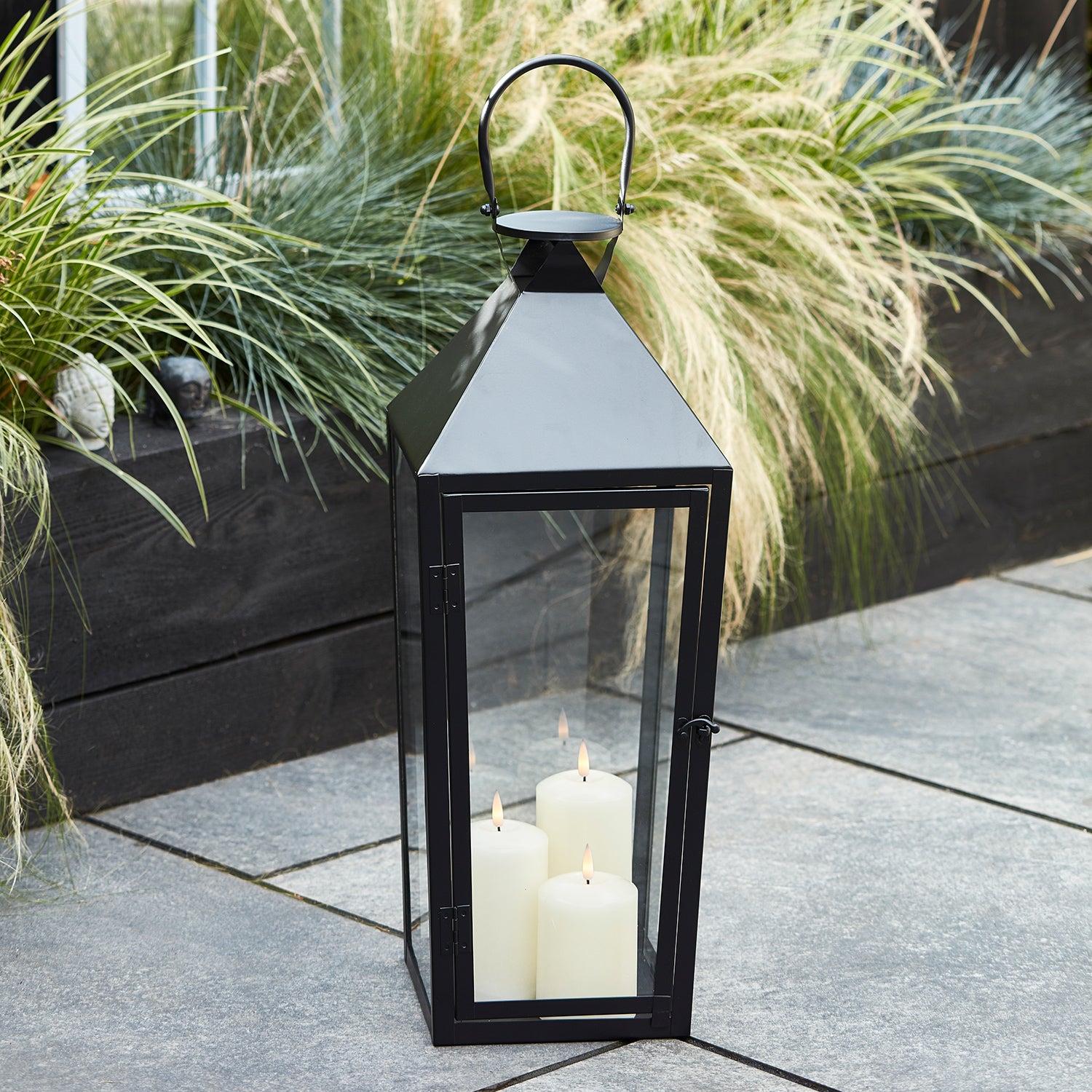 Schwarz 3 Cairns mit Kerzen in Laterne Metall – Große TruGlow® Outdoor