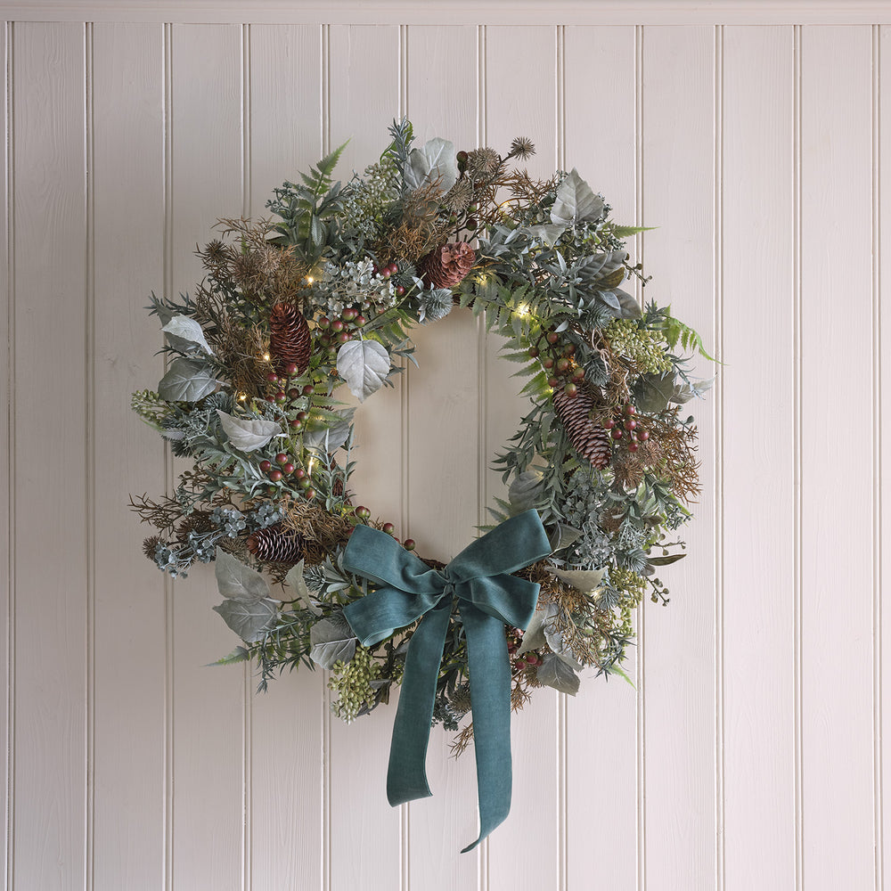 60cm Herbst- und Weihnachtskranz mit Schleife beleuchtet