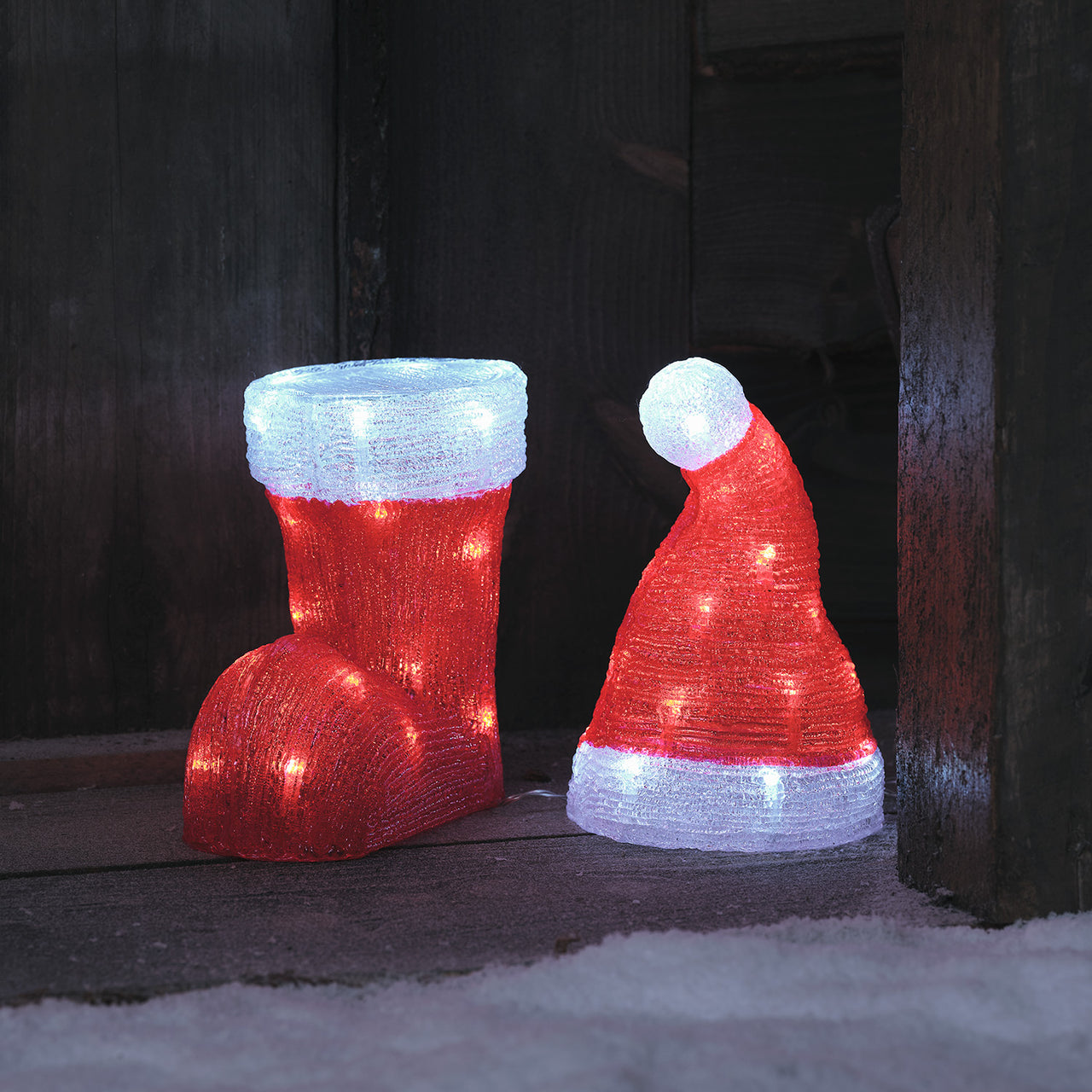 LED Acryl Weihnachtsstiefel und Weihnachtsmütze