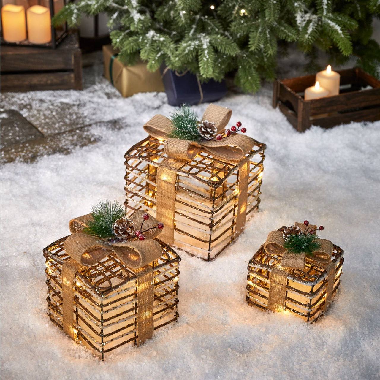 3er Set Rattan LED Weihnachtsdeko außen Weihnachtsgeschenke